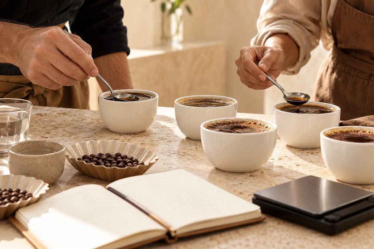 Illustrative hands-on coffee tasting with white cupping bowls, spoons and a blank notebook on a cream counter