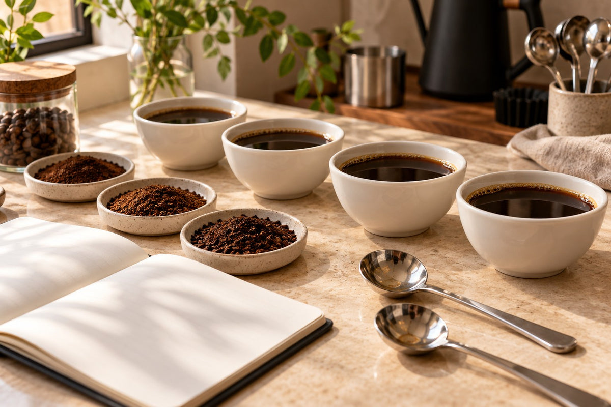 Illustrative coffee cupping bowls, spoons and a blank tasting notebook