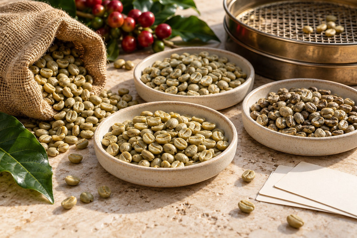 Illustrative green coffee samples, cherries and grading sieve on a cream stone table