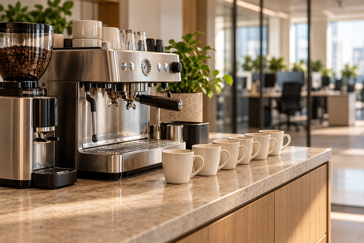Illustrative office espresso station with cups ready for morning service