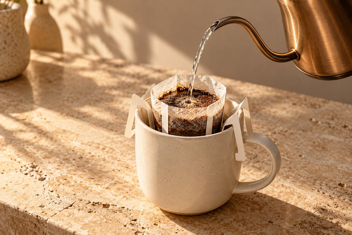 Illustrative drip coffee bag resting on an ivory mug as a bronze kettle pours water