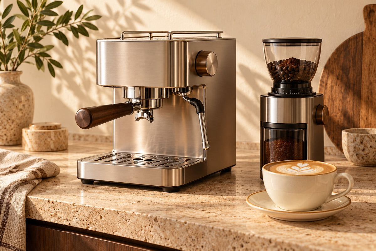 Illustrative home espresso setup with an unbranded steel machine, grinder and cappuccino on warm stone
