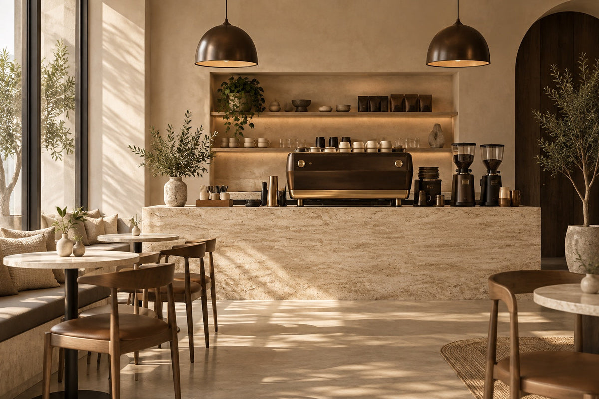 Illustrative specialty café interior with a travertine counter and espresso machine in warm cream and brown tones