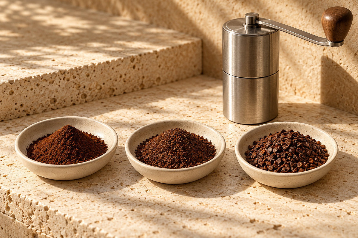 Illustrative fine, medium and coarse coffee grounds in cream dishes beside a manual grinder