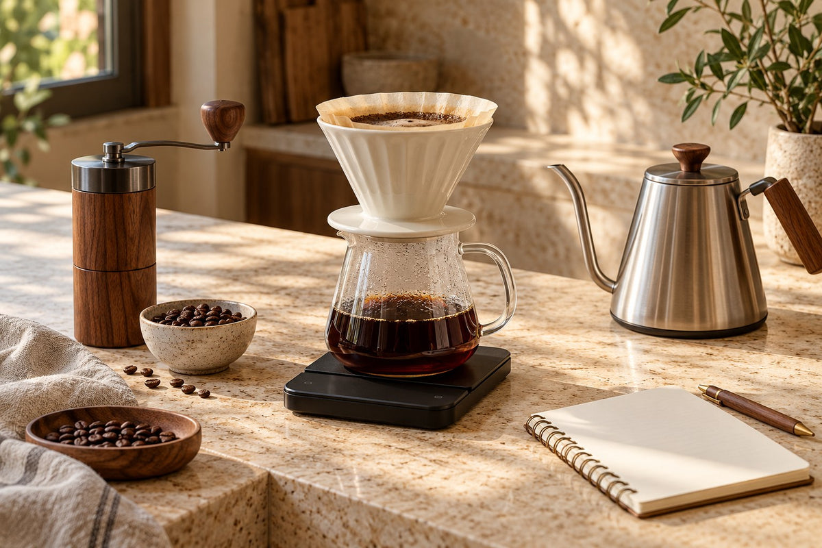 Illustrative pour-over brewer, kettle, grinder and blank recipe notebook