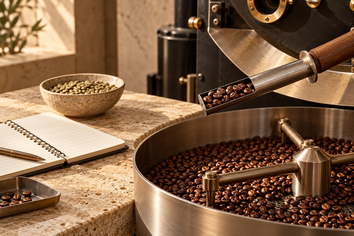 Illustrative coffee roasting setup with a bean sampler, green coffee and a blank roast log