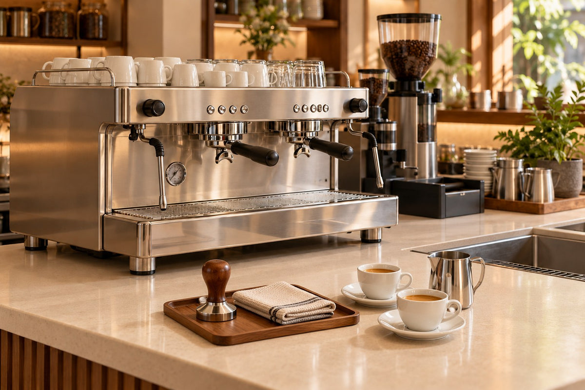 Illustrative commercial espresso machine with espresso cups, milk pitcher, tamper and barista cloth