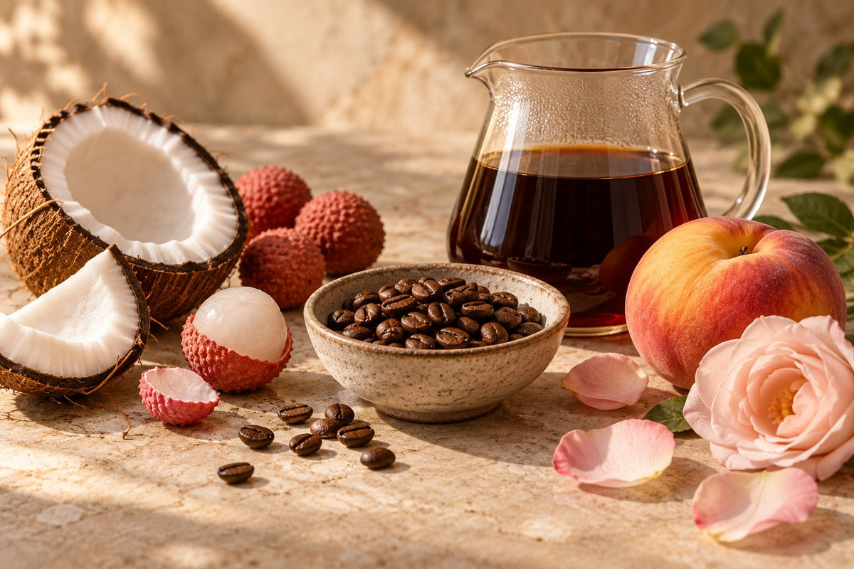 Illustrative coffee beans and filter coffee with coconut, lychee, peach and rose as flavour-profile props