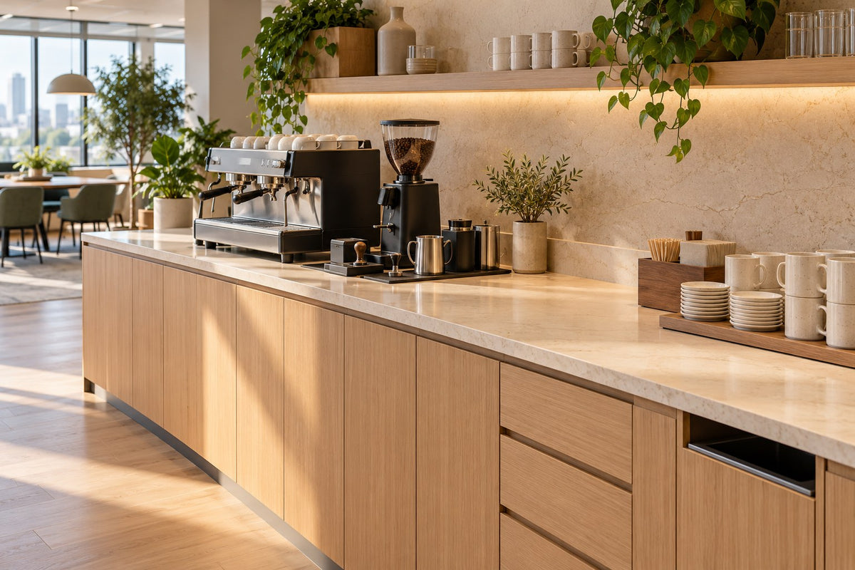 Illustrative office coffee counter with separate preparation and cup collection areas