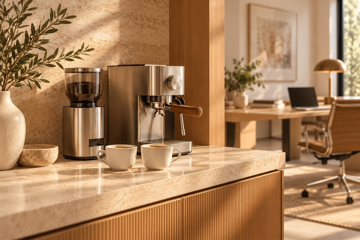 Illustrative office coffee corner with an unbranded machine, grinder and ivory cups beside a workspace 