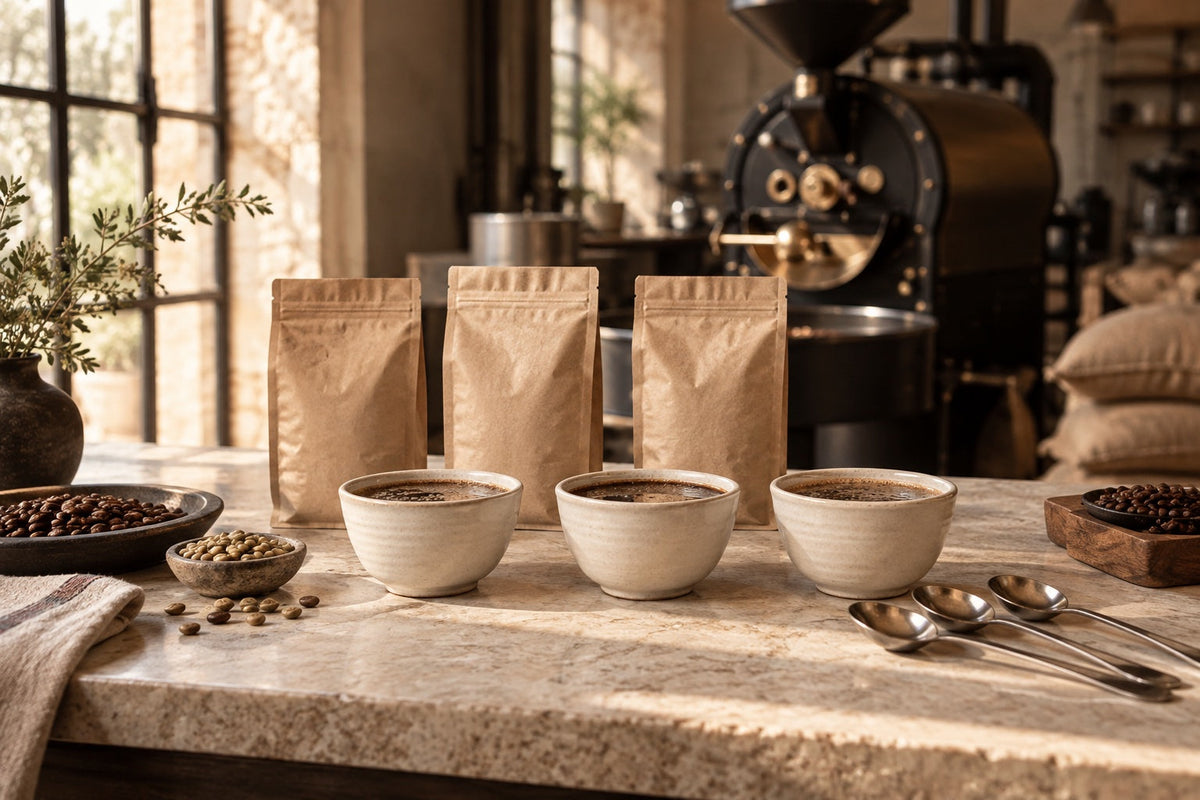 Illustrative coffee cupping setup with cream bowls, kraft sample bags and tasting spoons on a stone counter