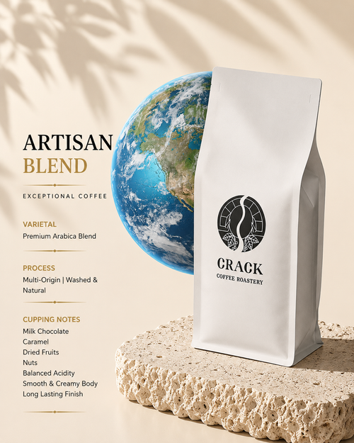 A white stand-up coffee bag labeled 'CRACK COFFEE ROASTERY' stands on a textured stone slab beside a large Earth graphic and printed product copy reading 'ARTISAN BLEND' and 'EXCEPTIONAL COFFEE'.