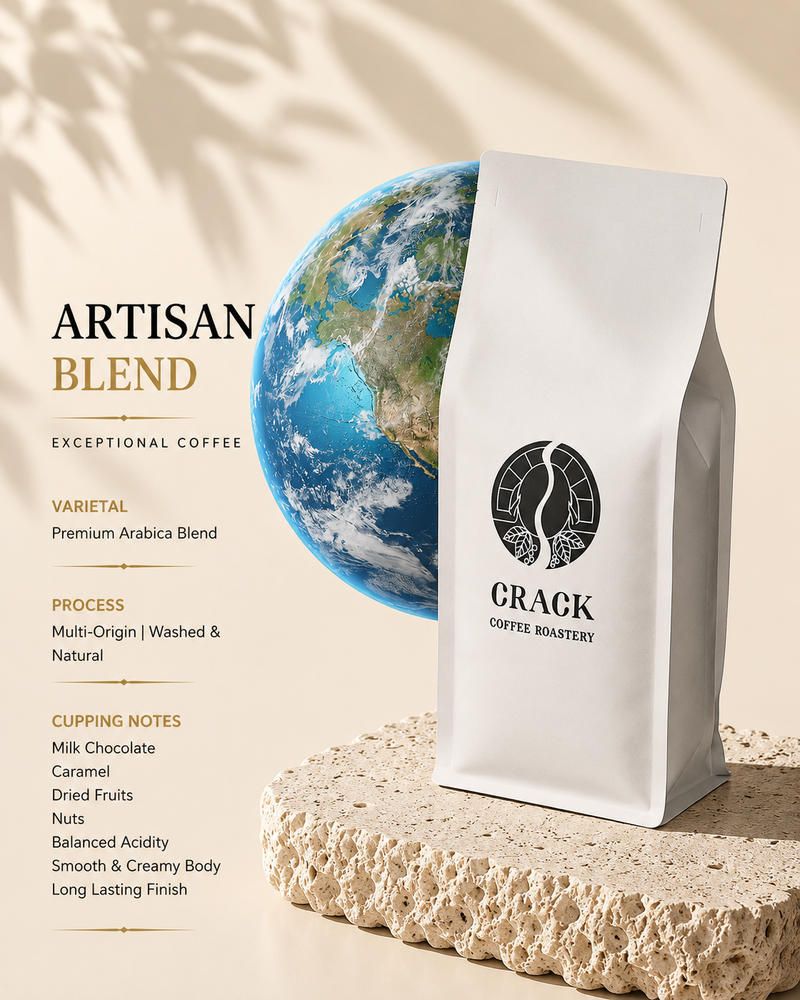 A white stand-up coffee bag labeled 'CRACK COFFEE ROASTERY' stands on a textured stone slab beside a large Earth graphic and printed product copy reading 'ARTISAN BLEND' and 'EXCEPTIONAL COFFEE'.