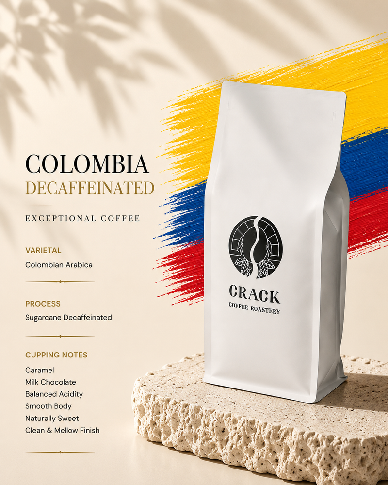 A white bag of Crack Coffee Roastery Colombia Decaffeinated coffee stands on a textured stone slab against a warm beige background with yellow, blue, and red brushstroke accents and product text.