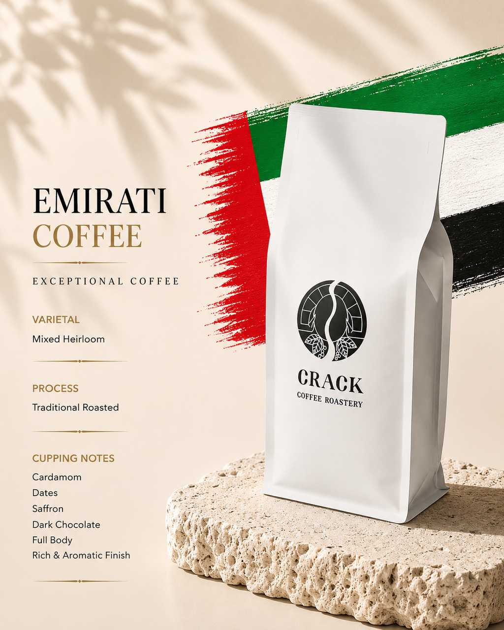 A white bag of Crack Coffee Roastery Emirati coffee stands on a textured stone slab against a warm beige background with a stylized UAE flag brushstroke graphic and text detailing the coffee varietal, process, and cupping notes.