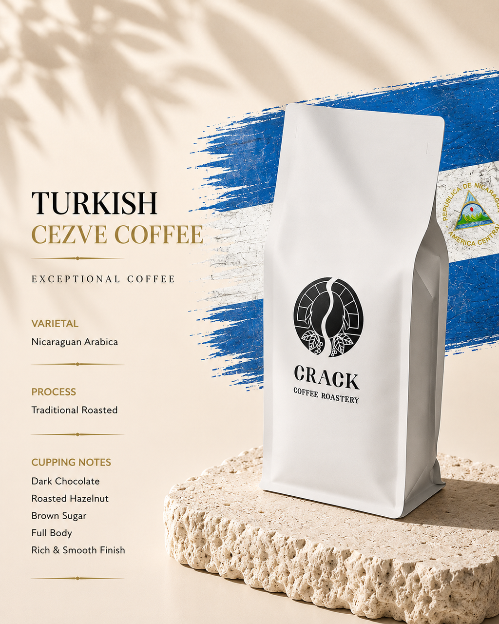 A white bag of Crack Coffee Roastery Turkish Cezve Coffee stands on a textured stone slab against a beige background with a blue brushstroke graphic and text describing the coffee variety, roast, and flavor notes.
